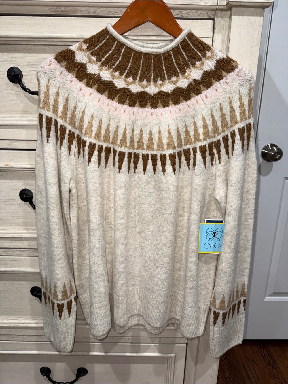 CeCe Cream Fair Isle Cowl Yoke Sweater with Brown and Pink Accents
